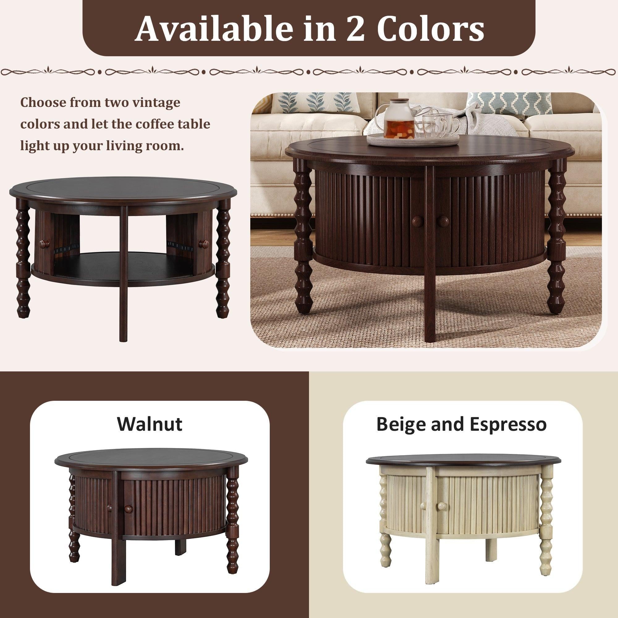 Vintage Round Coffee Table with Storage in 30.3' for Living Room, Mid Century Modern Cocktail Table with Sliding Door, Slatted Design Accent Table for Small Space, Beige and Espresso
