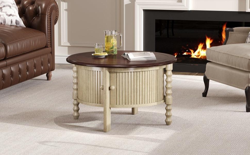 Vintage Round Coffee Table with Storage in 30.3' for Living Room, Mid Century Modern Cocktail Table with Sliding Door, Slatted Design Accent Table for Small Space, Beige and Espresso