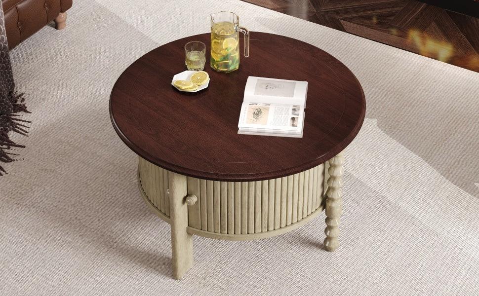 Vintage Round Coffee Table with Storage in 30.3' for Living Room, Mid Century Modern Cocktail Table with Sliding Door, Slatted Design Accent Table for Small Space, Beige and Espresso