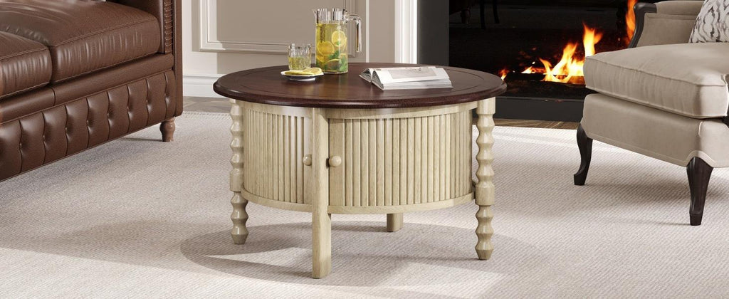 Vintage Round Coffee Table with Storage in 30.3' for Living Room, Mid Century Modern Cocktail Table with Sliding Door, Slatted Design Accent Table for Small Space, Beige and Espresso