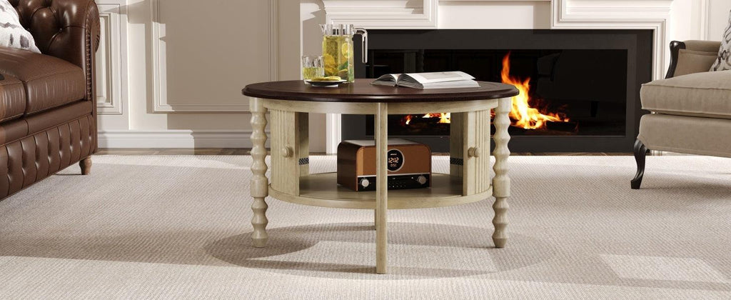 Vintage Round Coffee Table with Storage in 30.3' for Living Room, Mid Century Modern Cocktail Table with Sliding Door, Slatted Design Accent Table for Small Space, Beige and Espresso