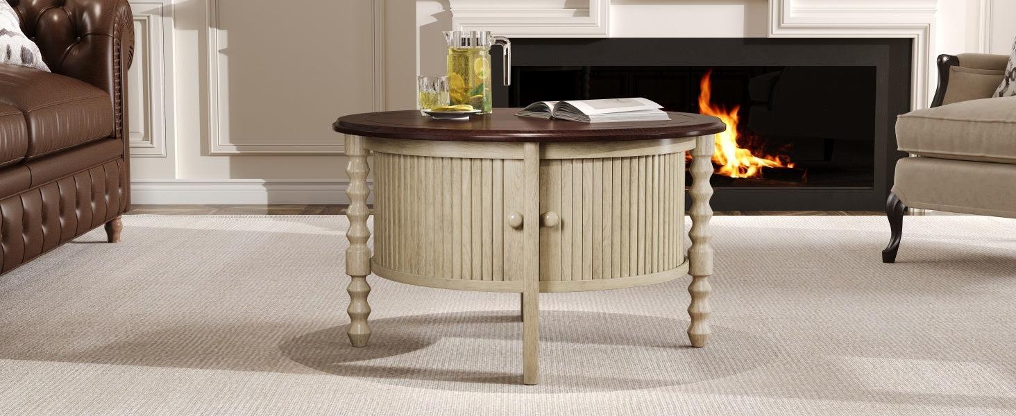 Vintage Round Coffee Table with Storage in 30.3' for Living Room, Mid Century Modern Cocktail Table with Sliding Door, Slatted Design Accent Table for Small Space, Beige and Espresso