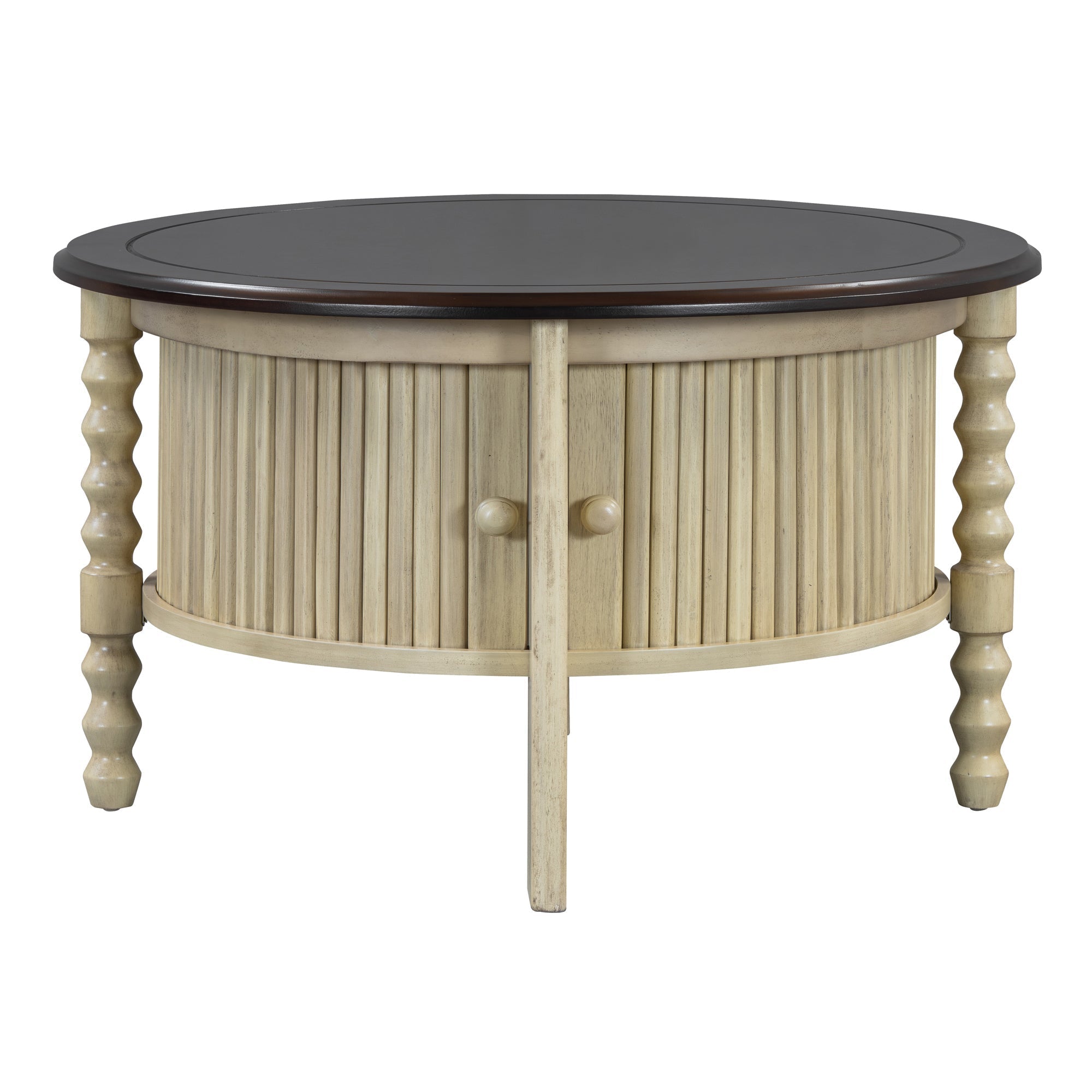 Vintage Round Coffee Table with Storage in 30.3' for Living Room, Mid Century Modern Cocktail Table with Sliding Door, Slatted Design Accent Table for Small Space, Beige and Espresso