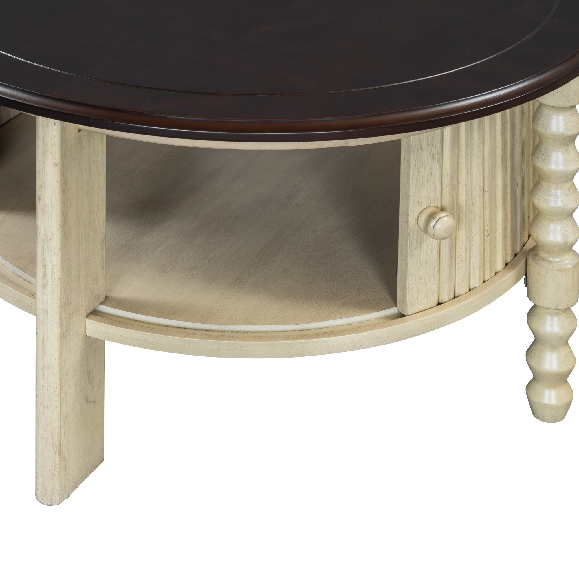 Vintage Round Coffee Table with Storage in 30.3' for Living Room, Mid Century Modern Cocktail Table with Sliding Door, Slatted Design Accent Table for Small Space, Beige and Espresso