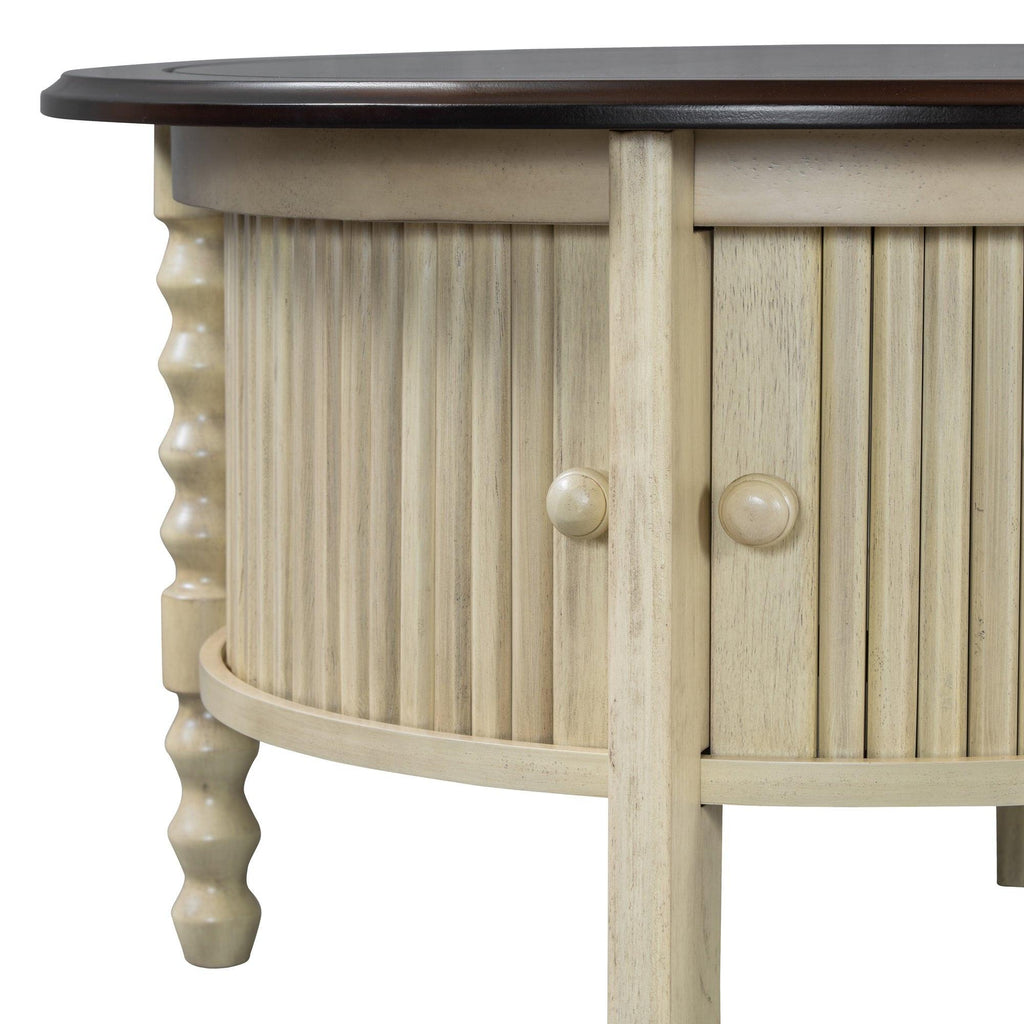 Mid Century Round Coffee Table with Storage, Beige.
