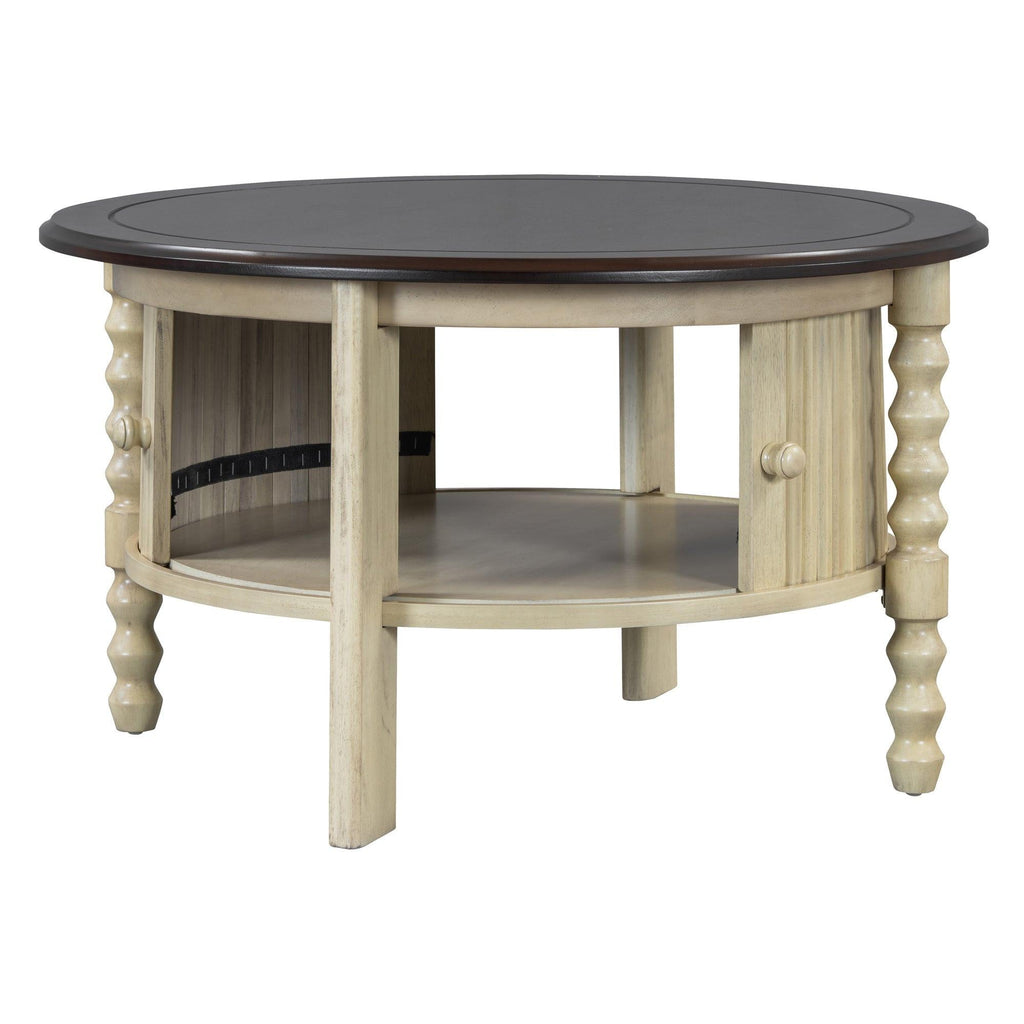 Mid Century Round Coffee Table with Storage, Beige.