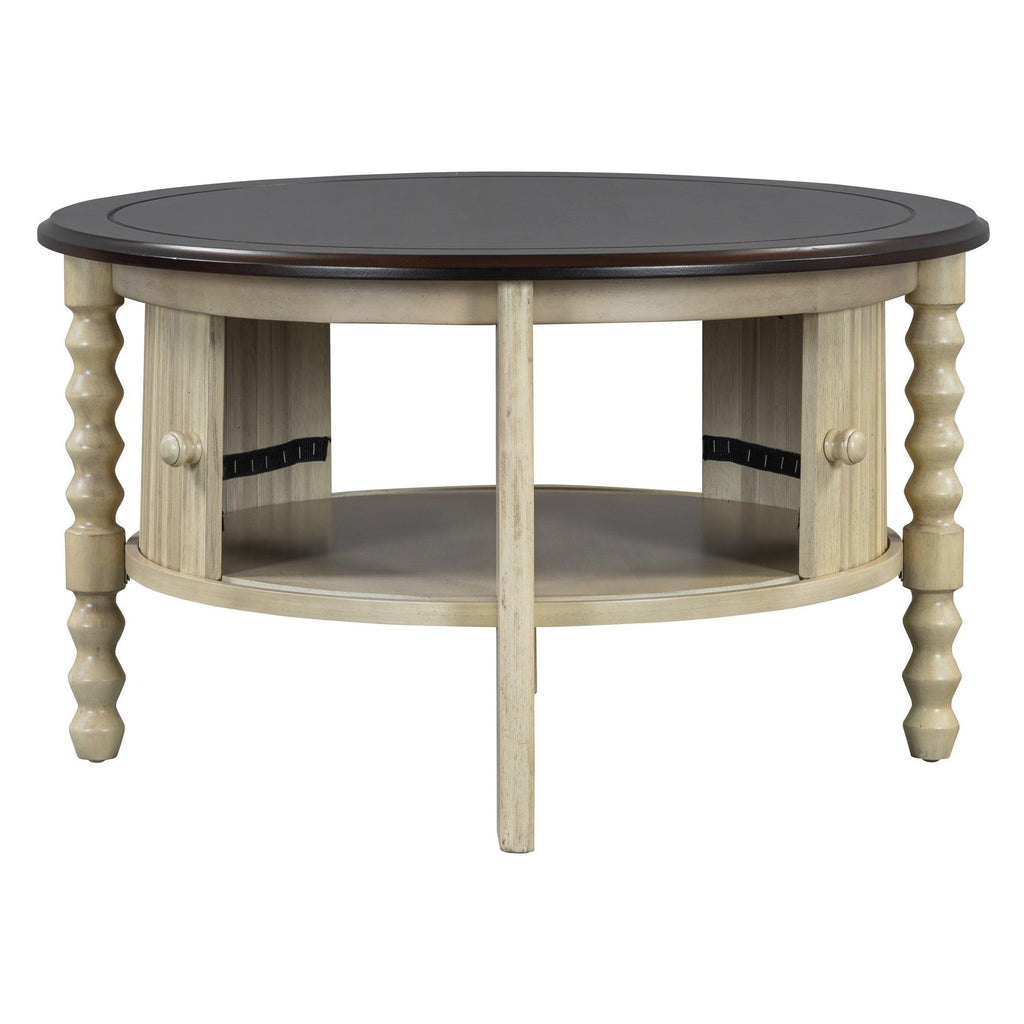Mid Century Round Coffee Table with Storage, Beige.