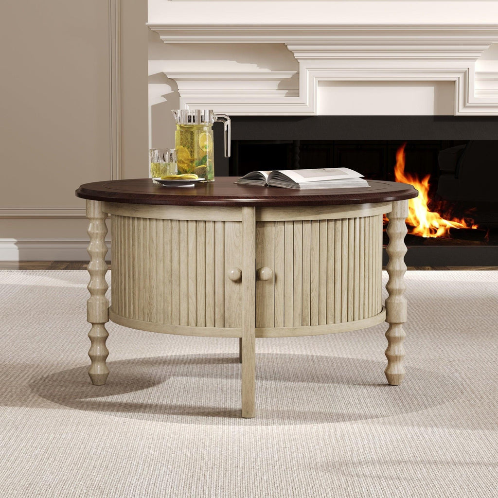 Mid Century Round Coffee Table with Storage, Beige.