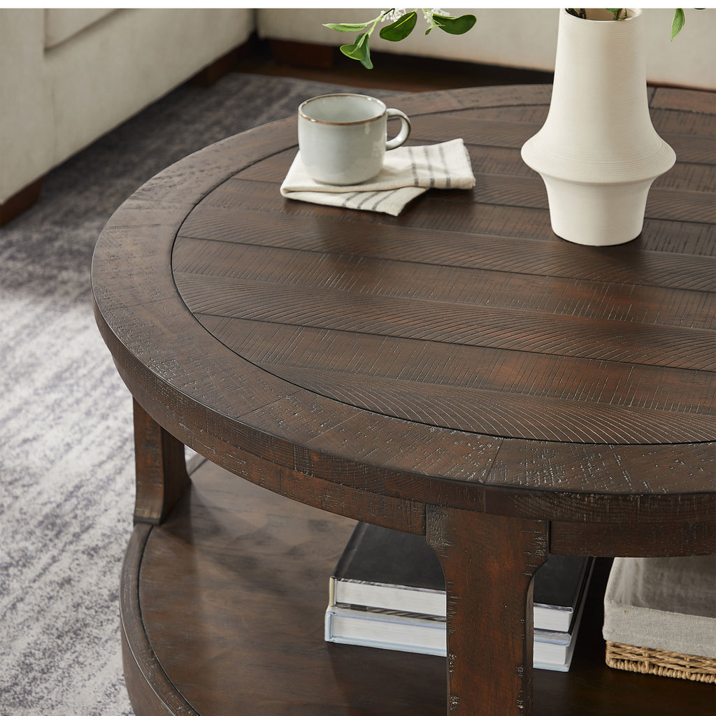 40inch Large Curved 2 Tier Traditional Round Circle Wooden Center Coffee Table,Mid Century Rounded Table with Wheels ,Rustic Style Table for living Room,Office,Apartment,Brown