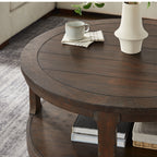 40inch Large Curved 2 Tier Traditional Round Circle Wooden Center Coffee Table,Mid Century Rounded Table with Wheels ,Rustic Style Table for living Room,Office,Apartment,Brown