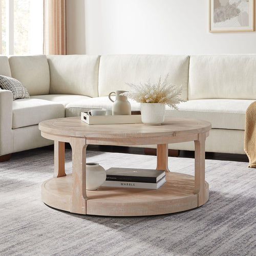 Mid-Century Round Oak Coffee Table with Wheels, 40-Inch.