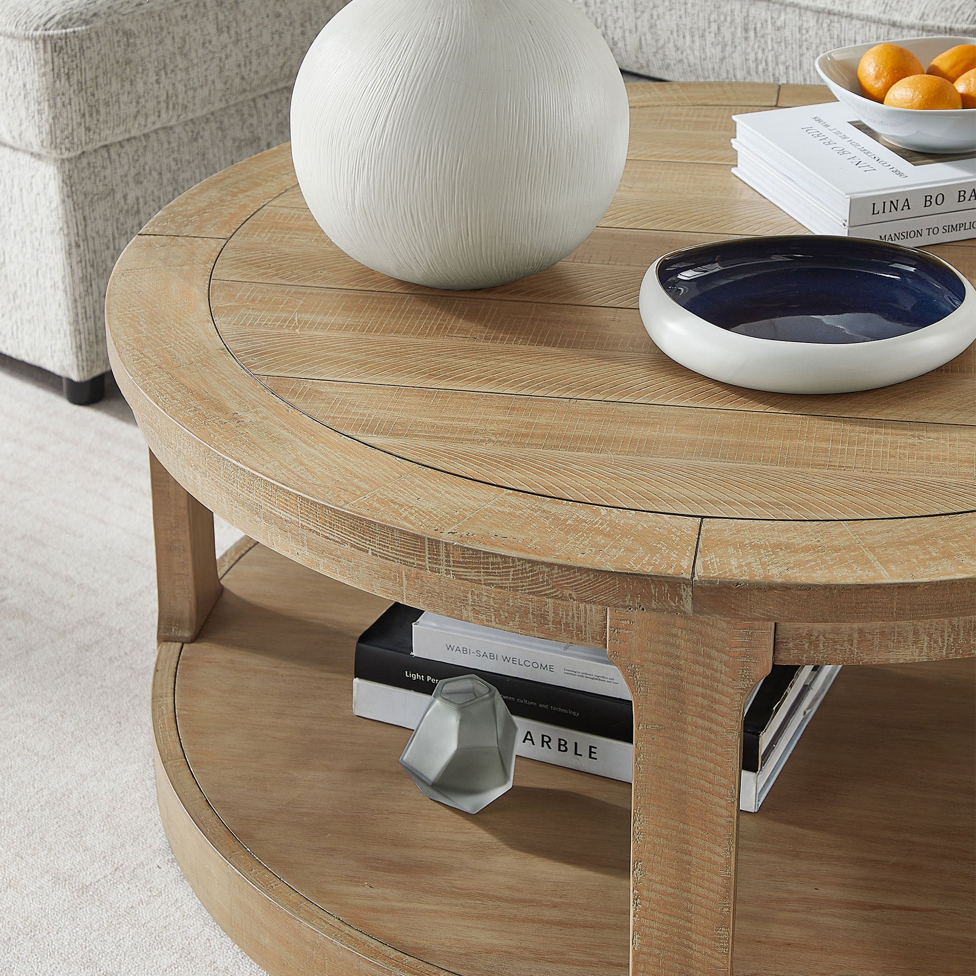 40inch Large Curved 2 Tier Traditional Round Circle Wooden Center Coffee Table,Rounded Table with Wheels,Mid Century Rustic Style Table for living Room,Office,Apartment,Light Brown