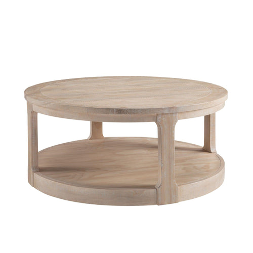 Mid-Century Round Oak Coffee Table with Wheels, 40-Inch.