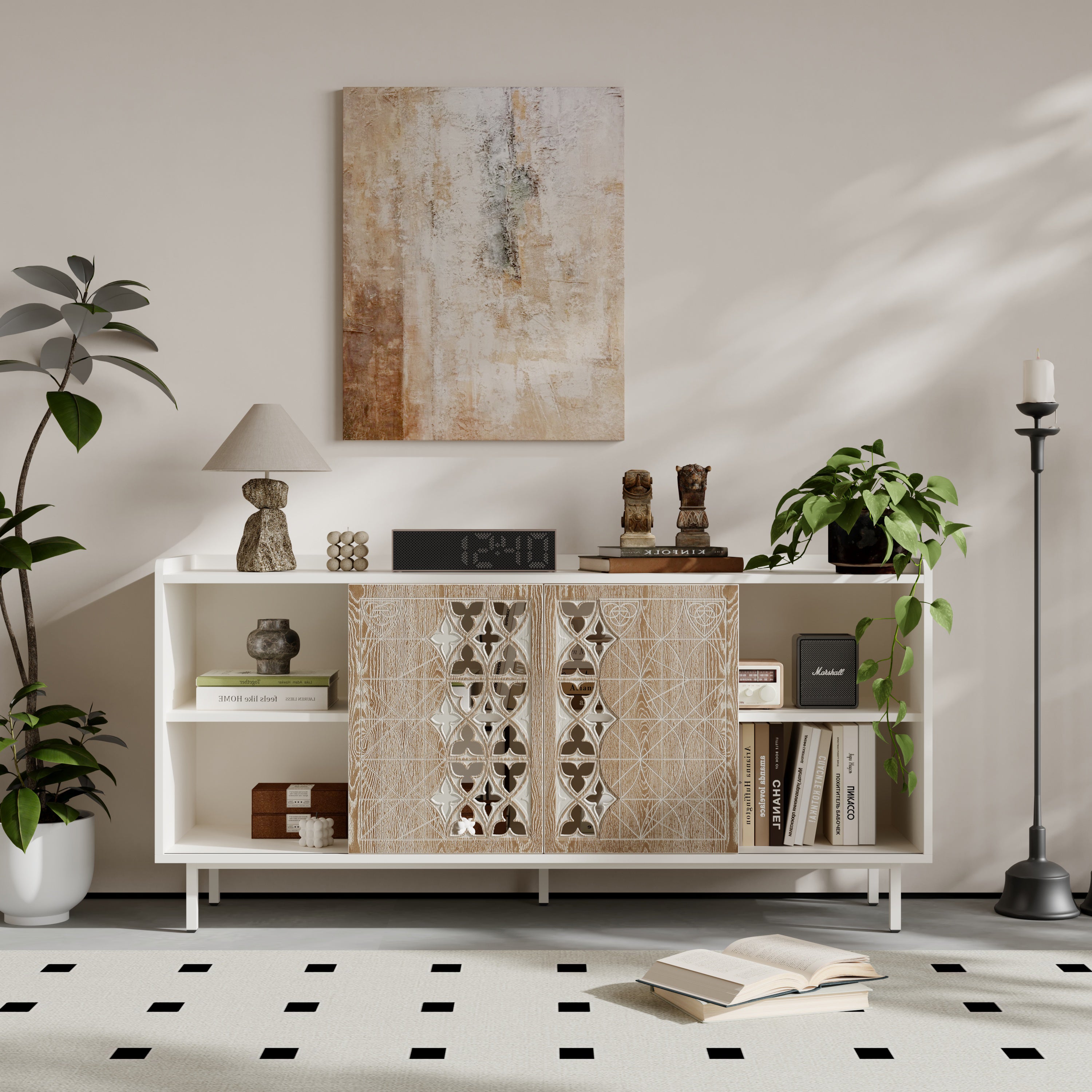 Sicotas Mid Century Sideboard Storage Rustic Sliding Door Solid Wood Cabinet for Living Room Decorative TV Buffet and Storage for TV Stand,Sideboards,Accent Cabinets