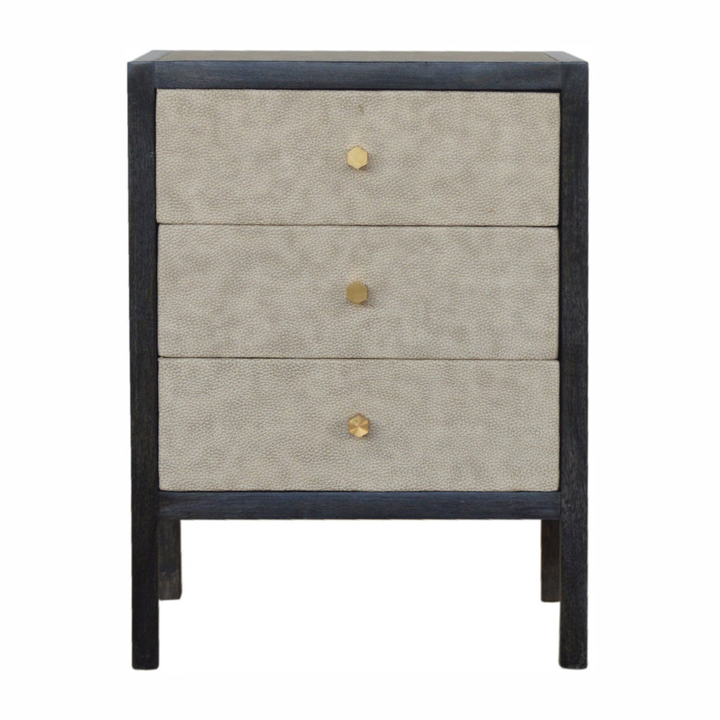 Three-drawer chest with textured gray drawers and black frame on a white background