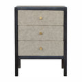 Three-drawer chest with textured gray drawers and black frame on a white background