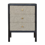 Three-drawer chest with textured gray drawers and black frame on a white background