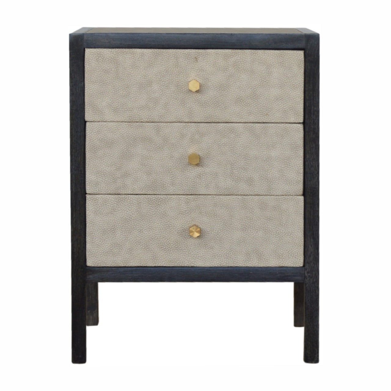 Three-drawer chest with textured gray drawers and black frame on a white background