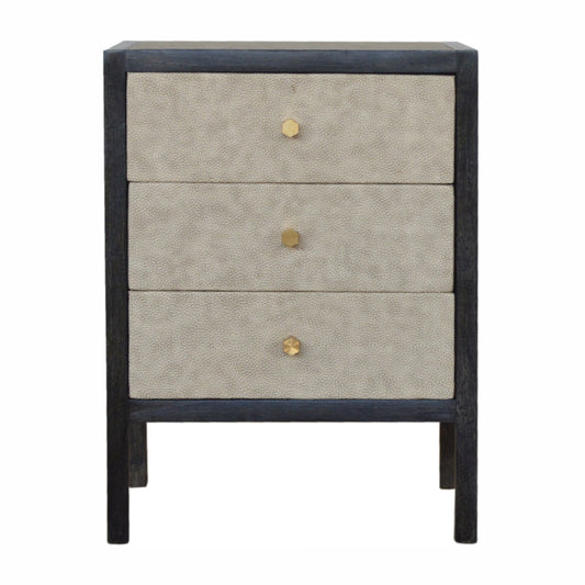Three-drawer chest with textured gray drawers and black frame on a white background