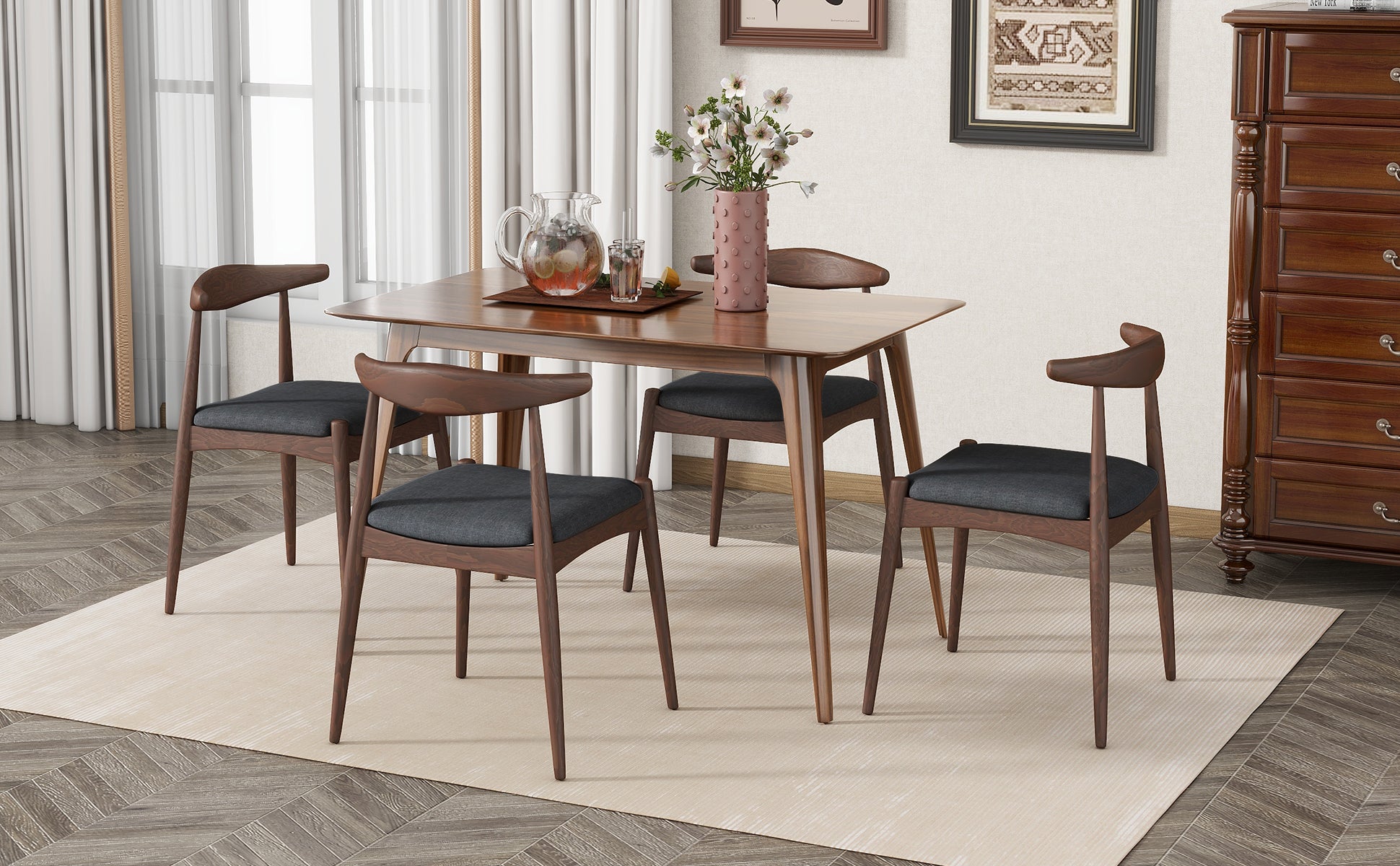 Set of 2 Rubberwood Dining Chairs with Ergonomic Backrest & Comfort Cushions, Walnut+Charcoal (same sku: 59296.00F)
