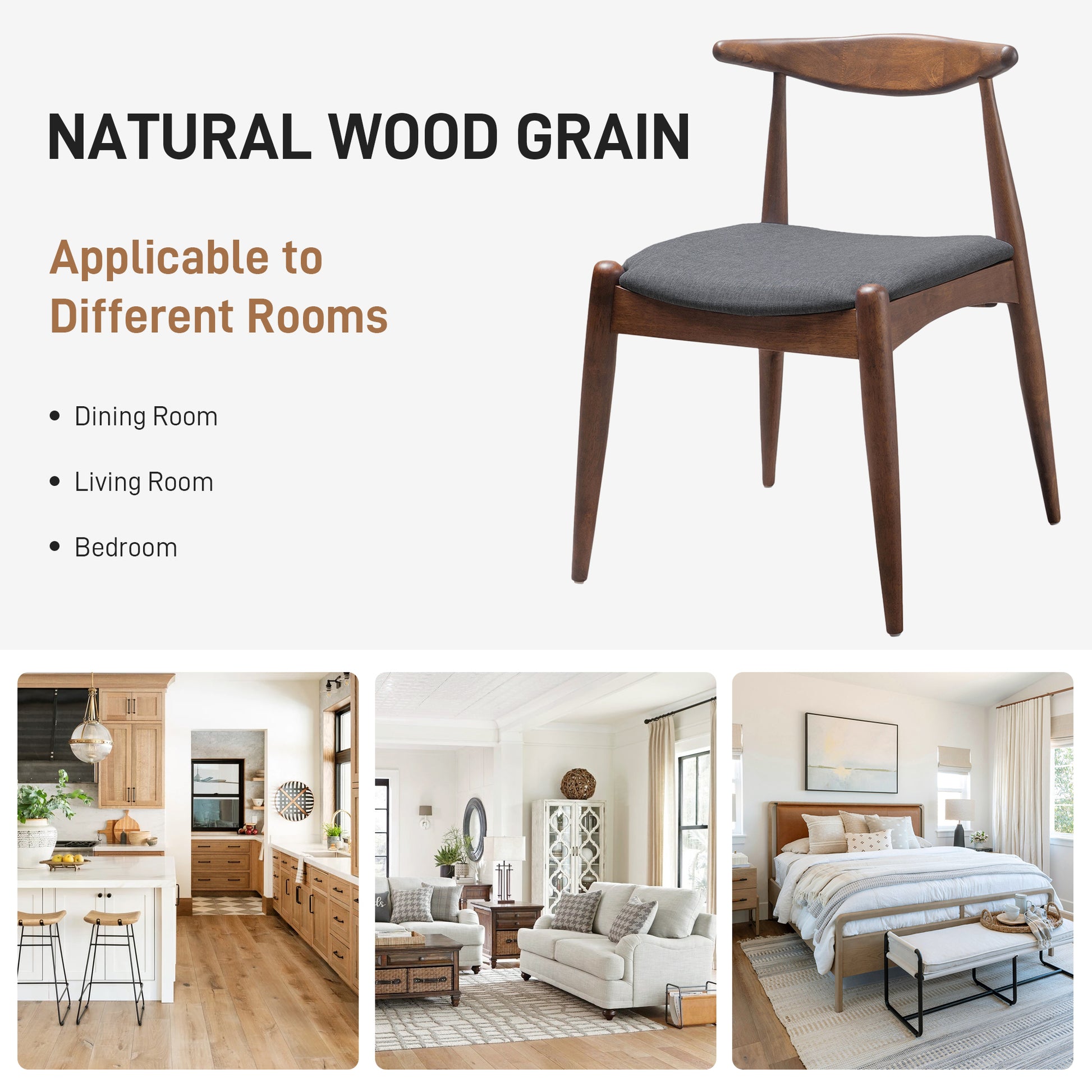 Set of 2 Rubberwood Dining Chairs with Ergonomic Backrest & Comfort Cushions, Walnut+Charcoal (same sku: 59296.00F)