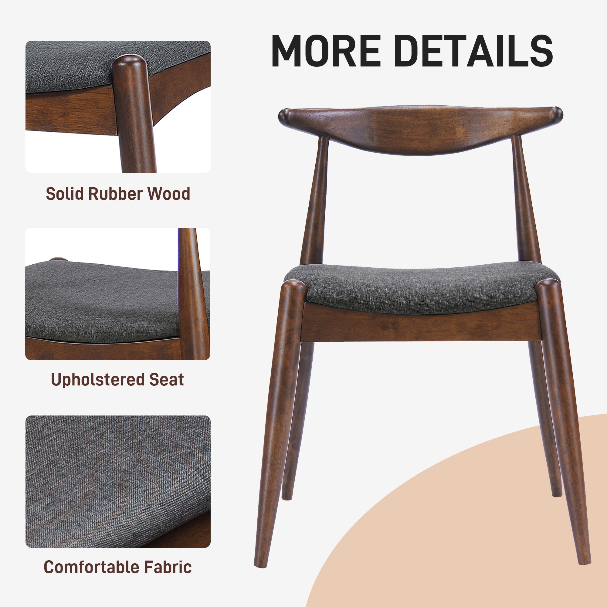 Set of 2 Rubberwood Dining Chairs with Ergonomic Backrest & Comfort Cushions, Walnut+Charcoal (same sku: 59296.00F)
