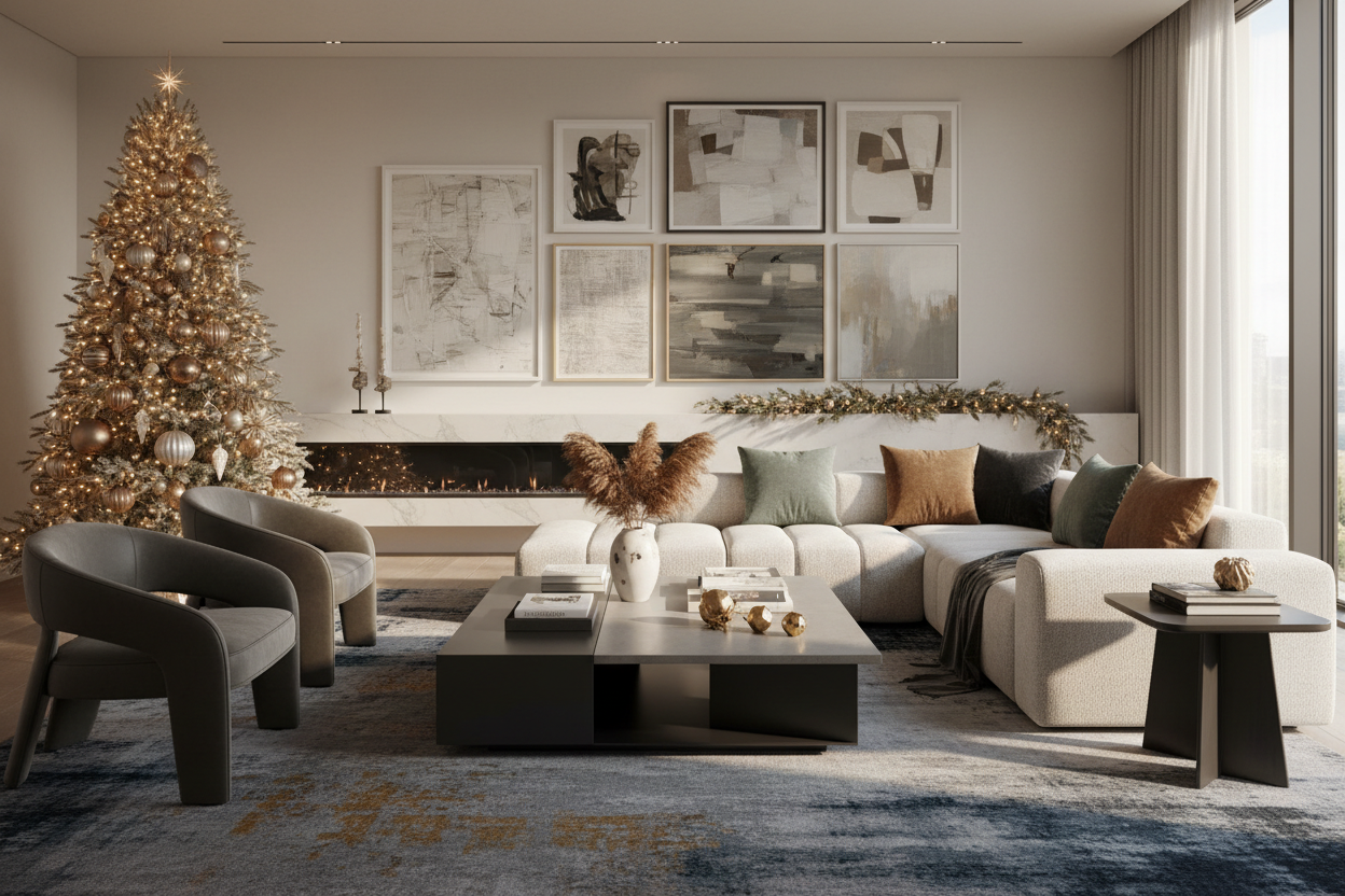 Modern living room with a Christmas tree, decorated walls, and a fireplace.