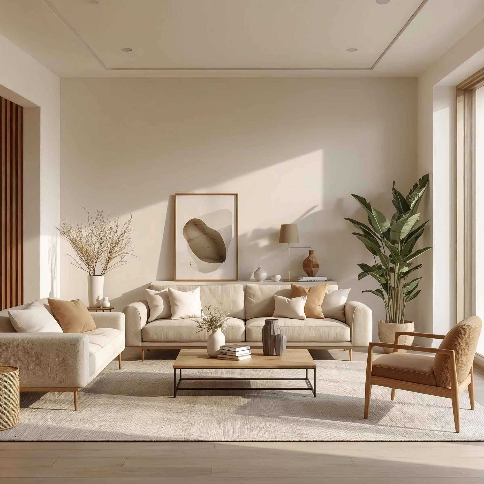 Modern living room with beige sofa, wooden armchair, and decorative elements.