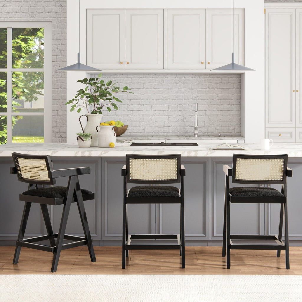 Milan Ebony Black Boucle Bar Stool with Arms, Set of 3.