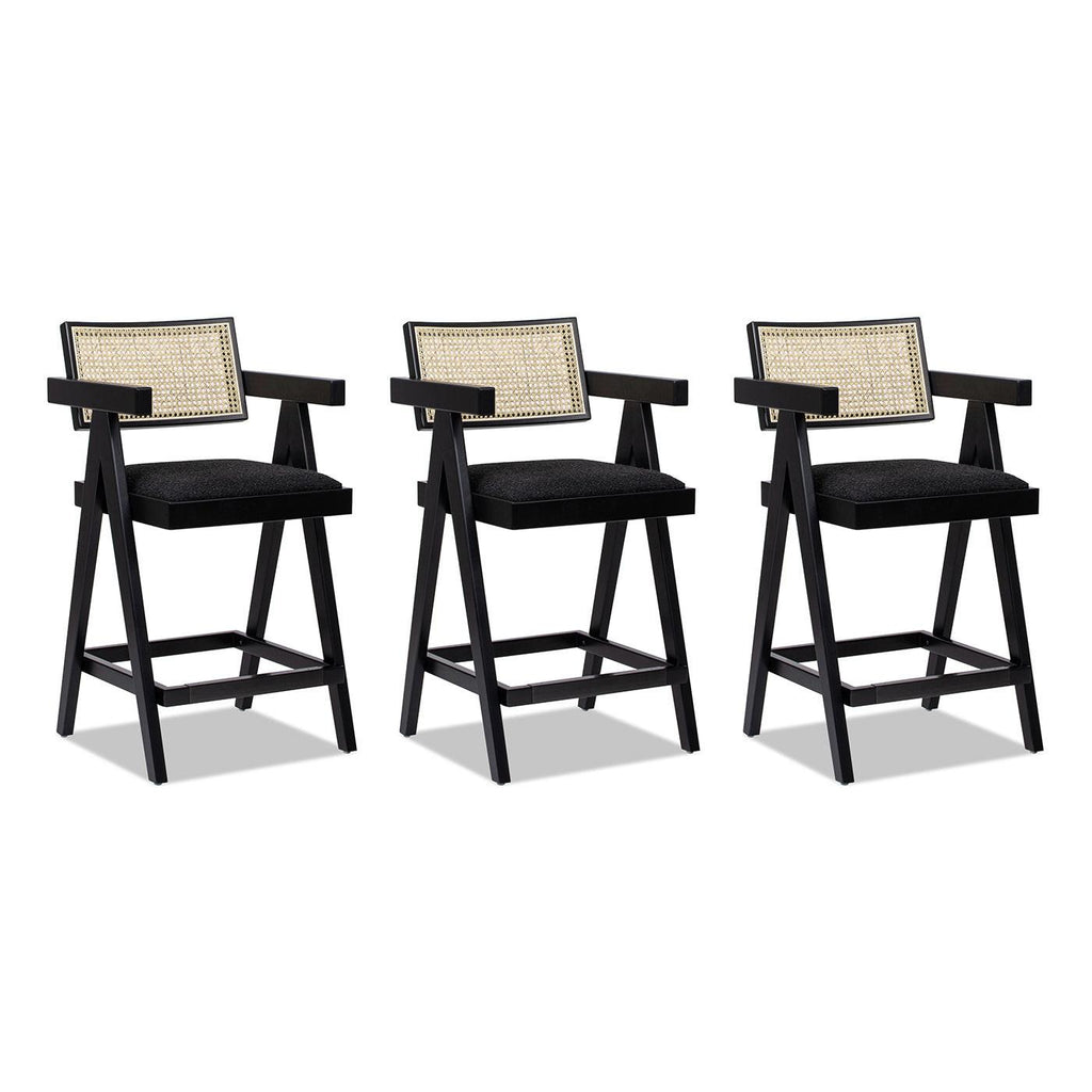 Milan Ebony Black Boucle Bar Stool with Arms, Set of 3.