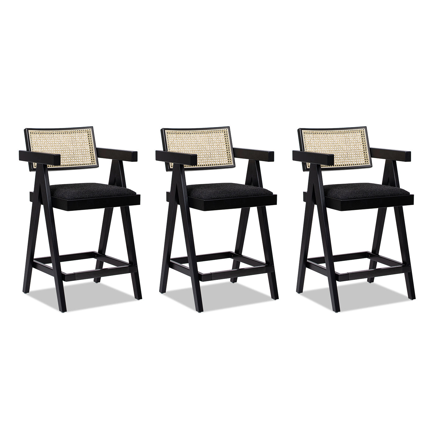 Milan 25.5' Modern Resin Webbing Back Bar Stool with Arms, Set of 3, Ebony Black Boucle