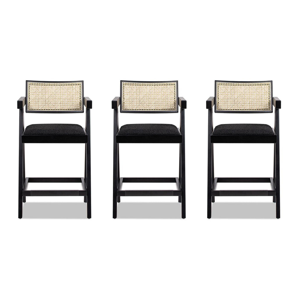 Milan Ebony Black Boucle Bar Stool with Arms, Set of 3.