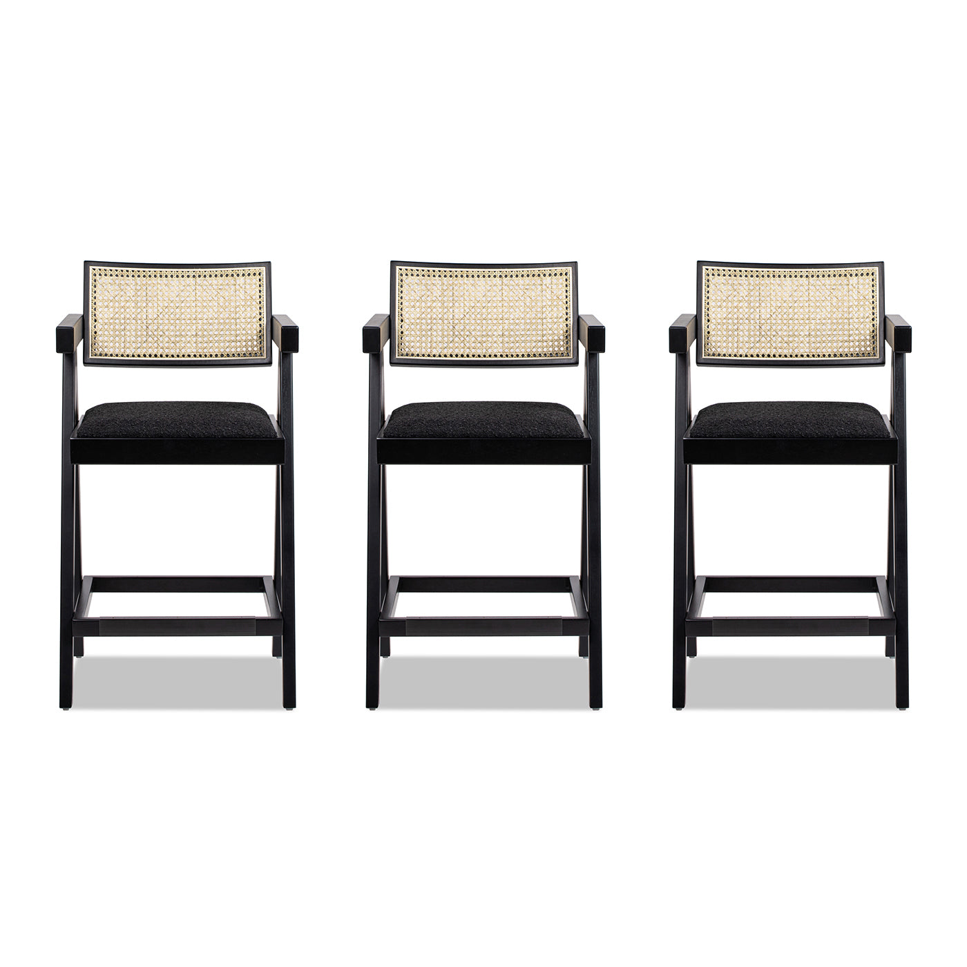 Milan 25.5' Modern Resin Webbing Back Bar Stool with Arms, Set of 3, Ebony Black Boucle