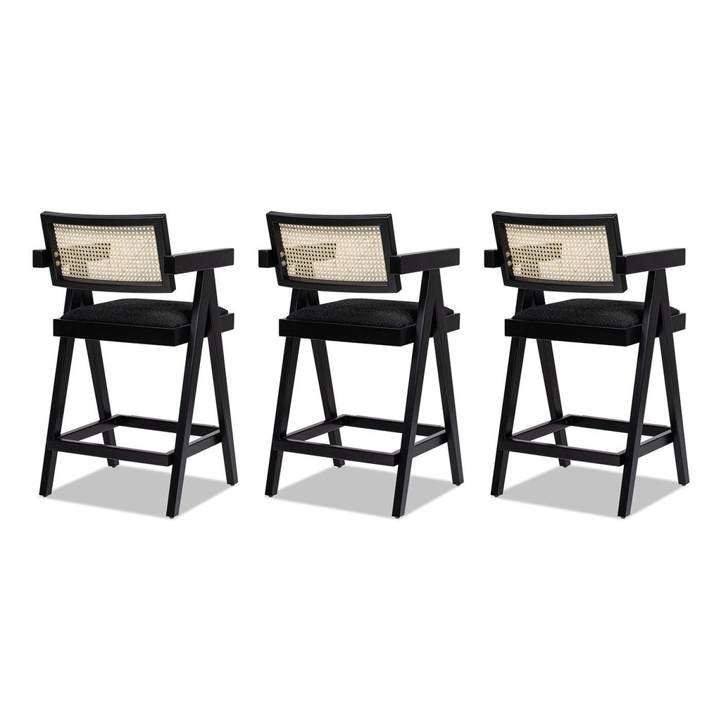 Milan Ebony Black Boucle Bar Stool with Arms, Set of 3.