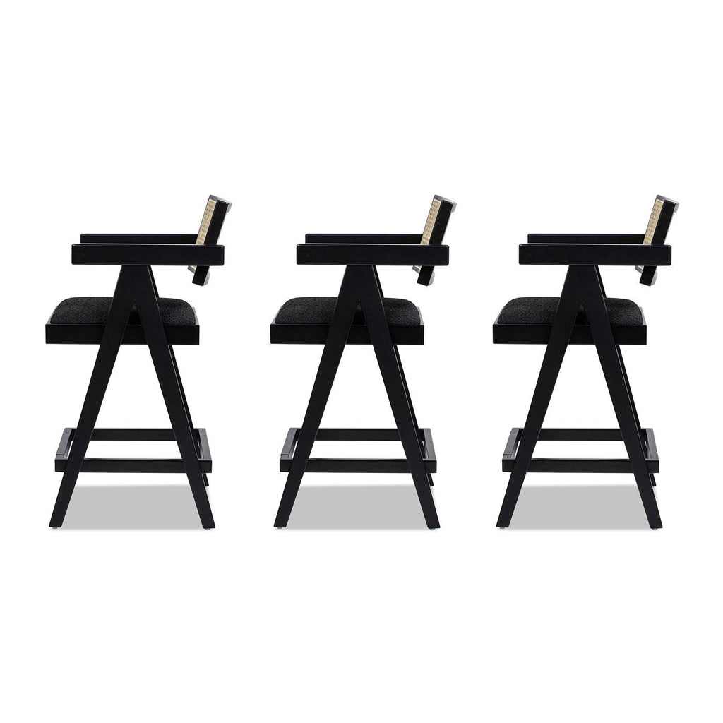 Milan Ebony Black Boucle Bar Stool with Arms, Set of 3.