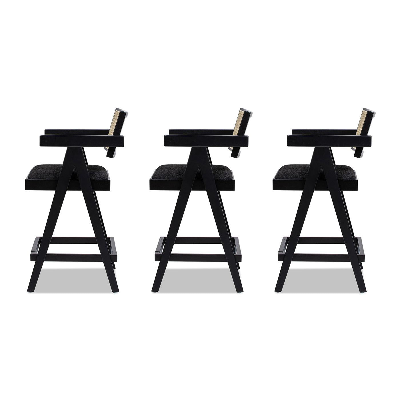 Milan Ebony Black Boucle Bar Stool with Arms, Set of 3.