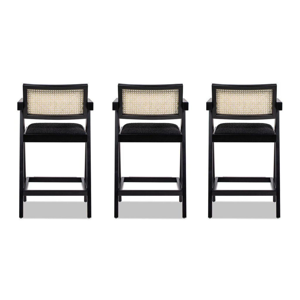 Milan Ebony Black Boucle Bar Stool with Arms, Set of 3.
