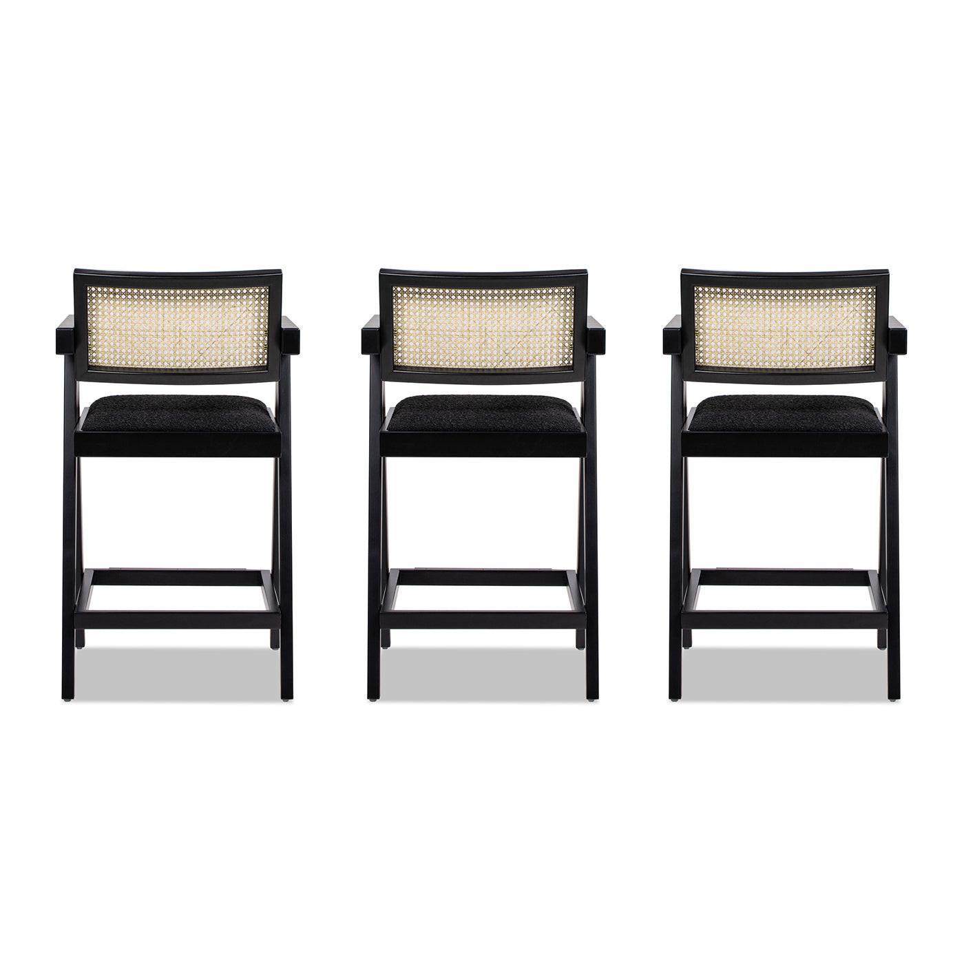 Milan Ebony Black Boucle Bar Stool with Arms, Set of 3.