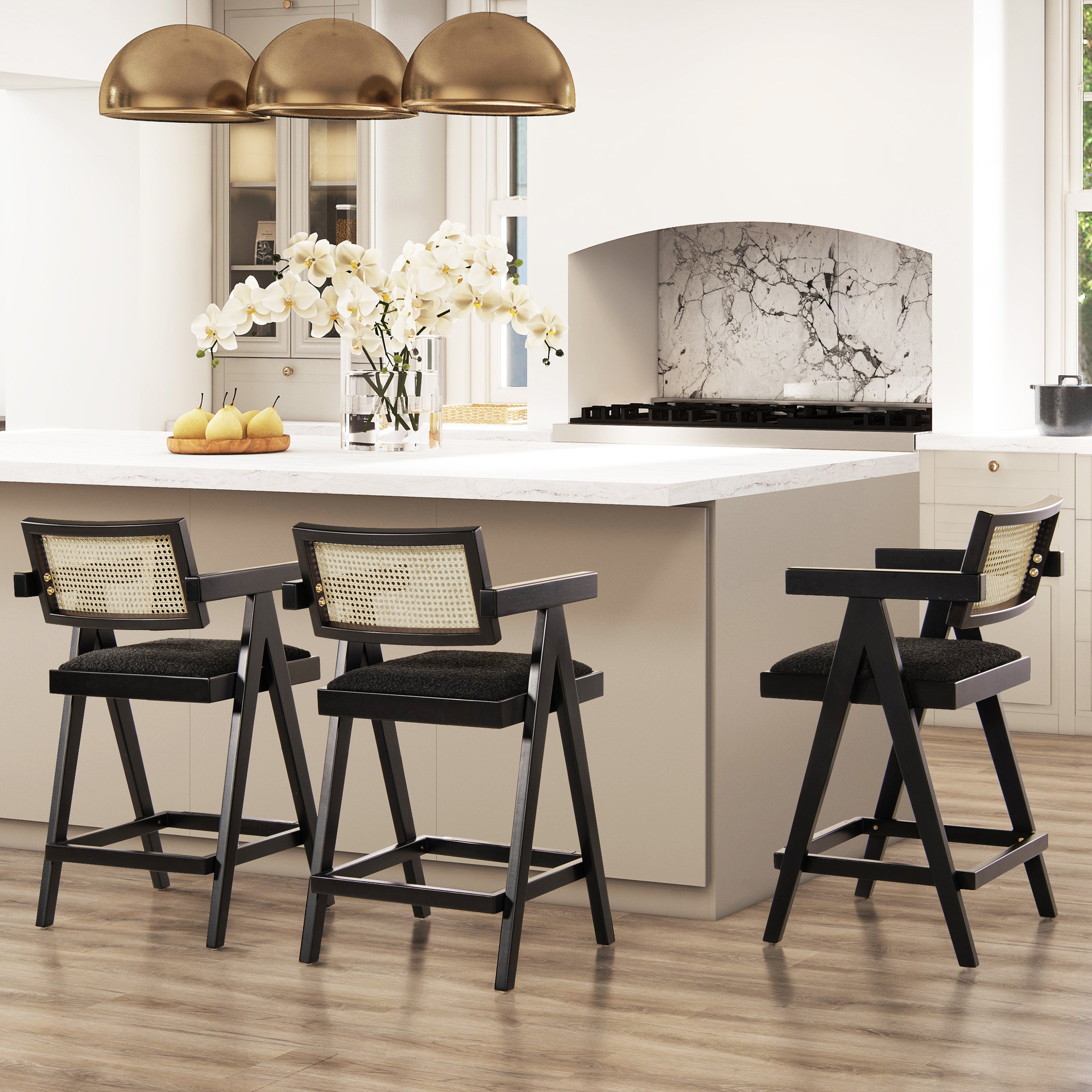 Milan 25.5' Modern Resin Webbing Back Bar Stool with Arms, Set of 3, Ebony Black Boucle