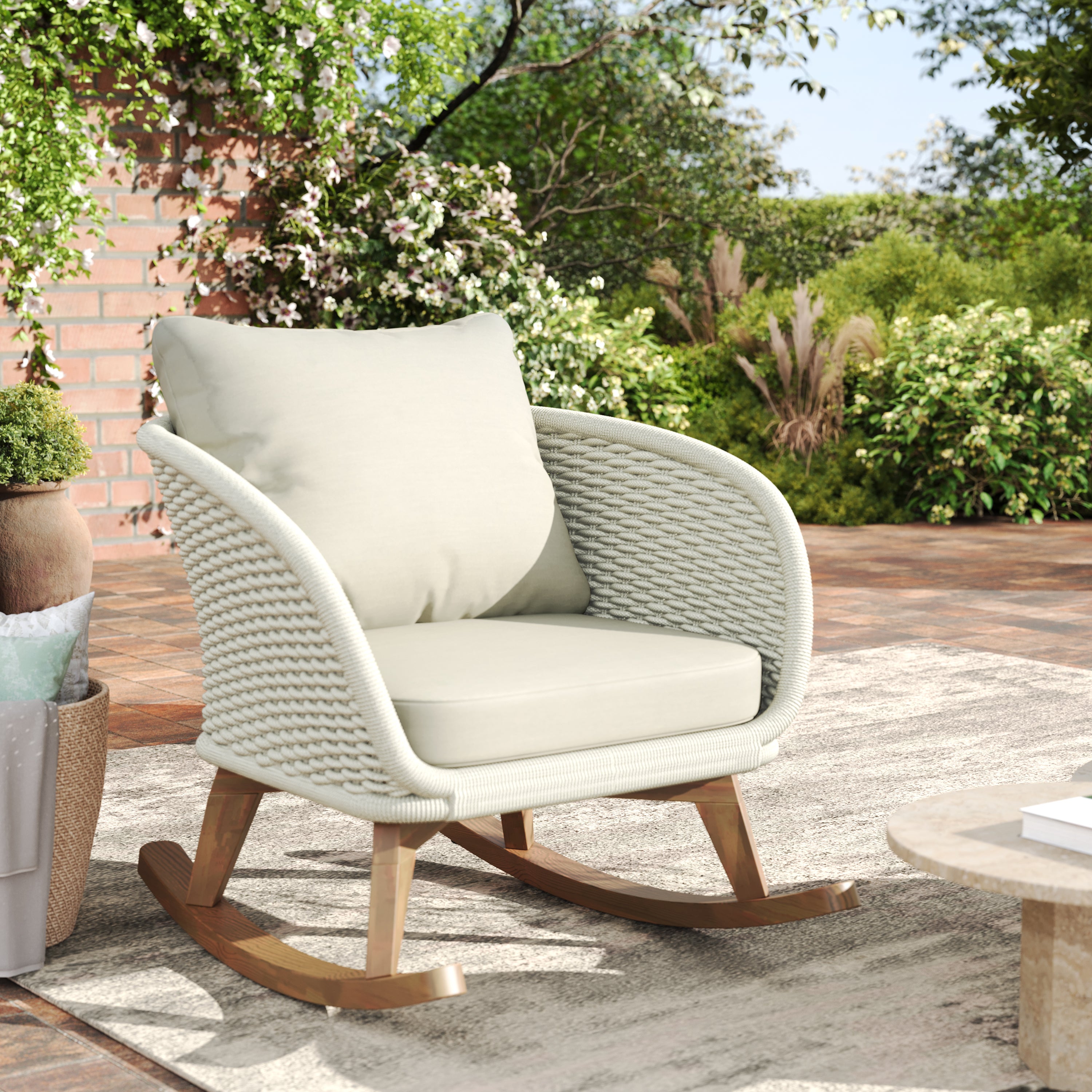 Contemporary Minimalist Beige Wicker Rocking Chair with Soft Polyester Cushions and Durable Wooden Frame, Perfect for Indoor and Outdoor Spaces like Patio, Balcony, or Living Room