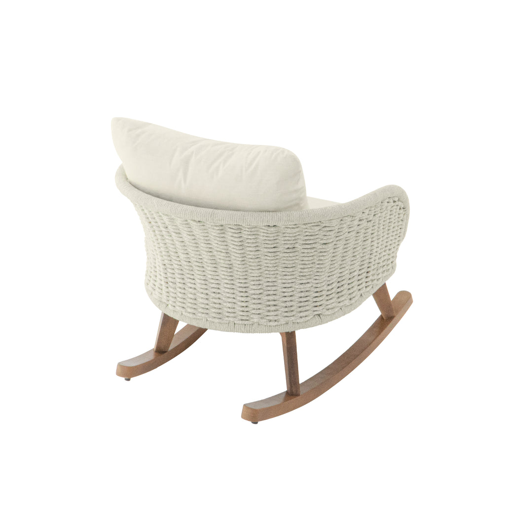 Contemporary Minimalist Beige Wicker Rocking Chair with Soft Polyester Cushions and Durable Wooden Frame, Perfect for Indoor and Outdoor Spaces like Patio, Balcony, or Living Room