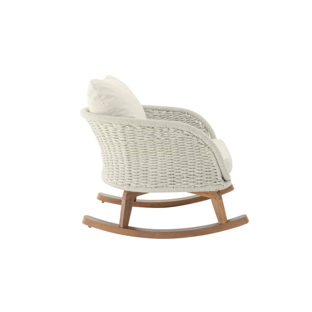 Contemporary Minimalist Beige Wicker Rocking Chair with Soft Polyester Cushions and Durable Wooden Frame, Perfect for Indoor and Outdoor Spaces like Patio, Balcony, or Living Room