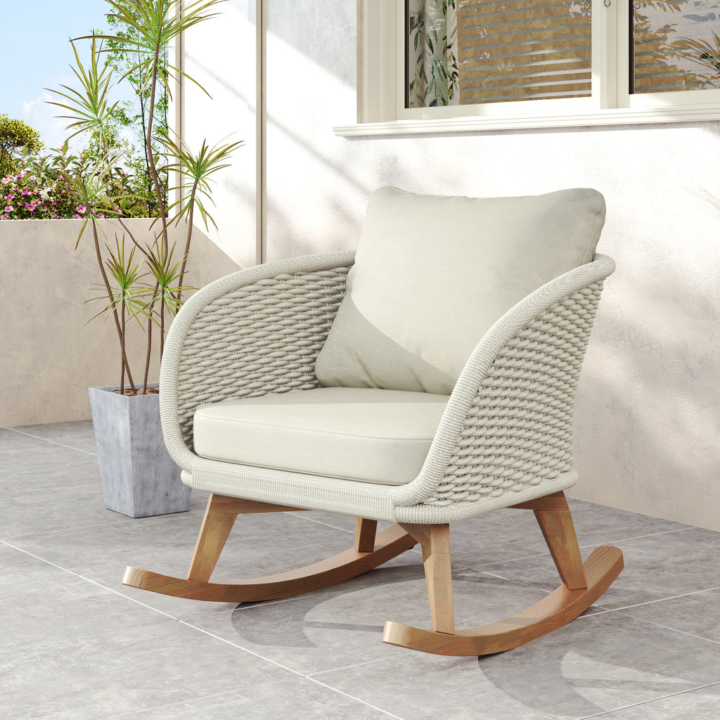 Contemporary Minimalist Beige Wicker Rocking Chair with Soft Polyester Cushions and Durable Wooden Frame, Perfect for Indoor and Outdoor Spaces like Patio, Balcony, or Living Room