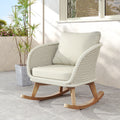 Contemporary Minimalist Beige Wicker Rocking Chair with Soft Polyester Cushions and Durable Wooden Frame, Perfect for Indoor and Outdoor Spaces like Patio, Balcony, or Living Room