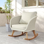Contemporary Minimalist Beige Wicker Rocking Chair with Soft Polyester Cushions and Durable Wooden Frame, Perfect for Indoor and Outdoor Spaces like Patio, Balcony, or Living Room