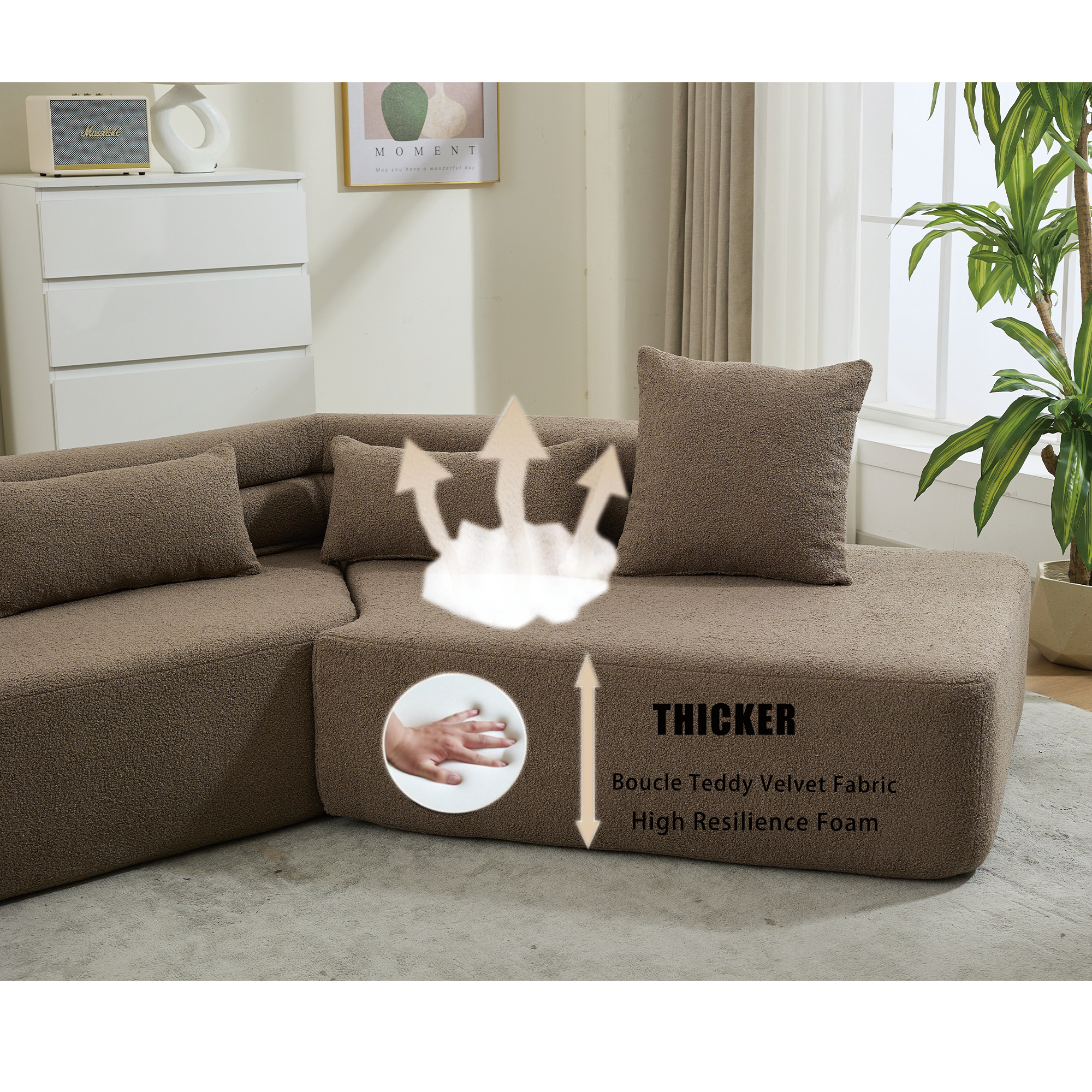 [NEW ARRIVED] [VIDEO PROVIDED] 128Minimalist Cloud Sectional Couch ,Modern Couches ,4-Seater ,No Assembly,Two modular sofa,Boucle Teddy Fabric, upholstered , anti-wrinkle fabric,Brown