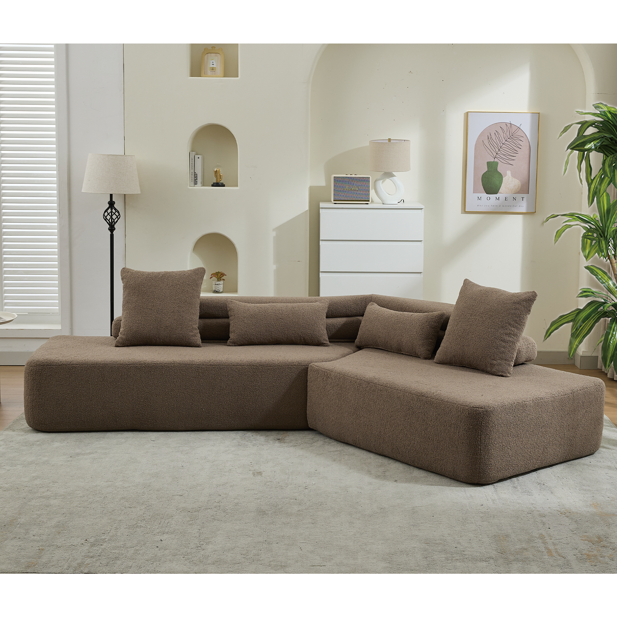 [NEW ARRIVED] [VIDEO PROVIDED] 128Minimalist Cloud Sectional Couch ,Modern Couches ,4-Seater ,No Assembly,Two modular sofa,Boucle Teddy Fabric, upholstered , anti-wrinkle fabric,Brown