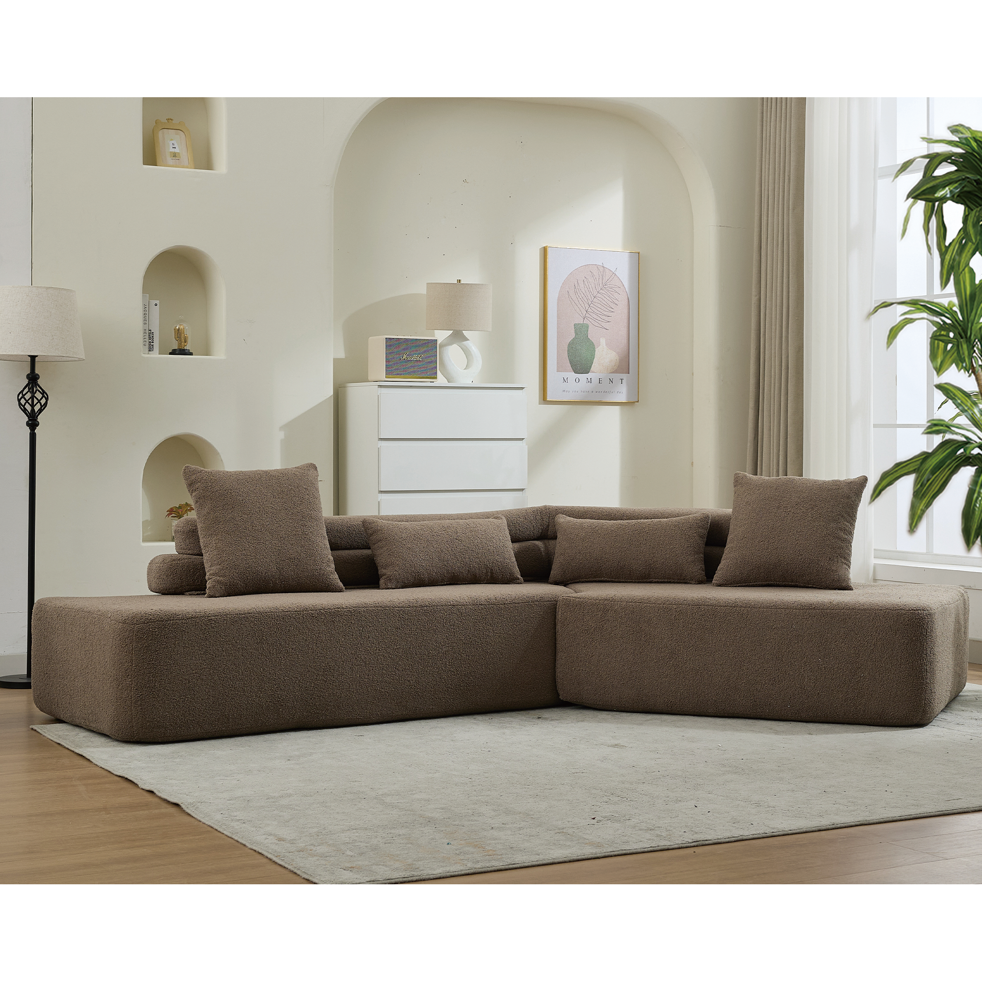 [NEW ARRIVED] [VIDEO PROVIDED] 128Minimalist Cloud Sectional Couch ,Modern Couches ,4-Seater ,No Assembly,Two modular sofa,Boucle Teddy Fabric, upholstered , anti-wrinkle fabric,Brown