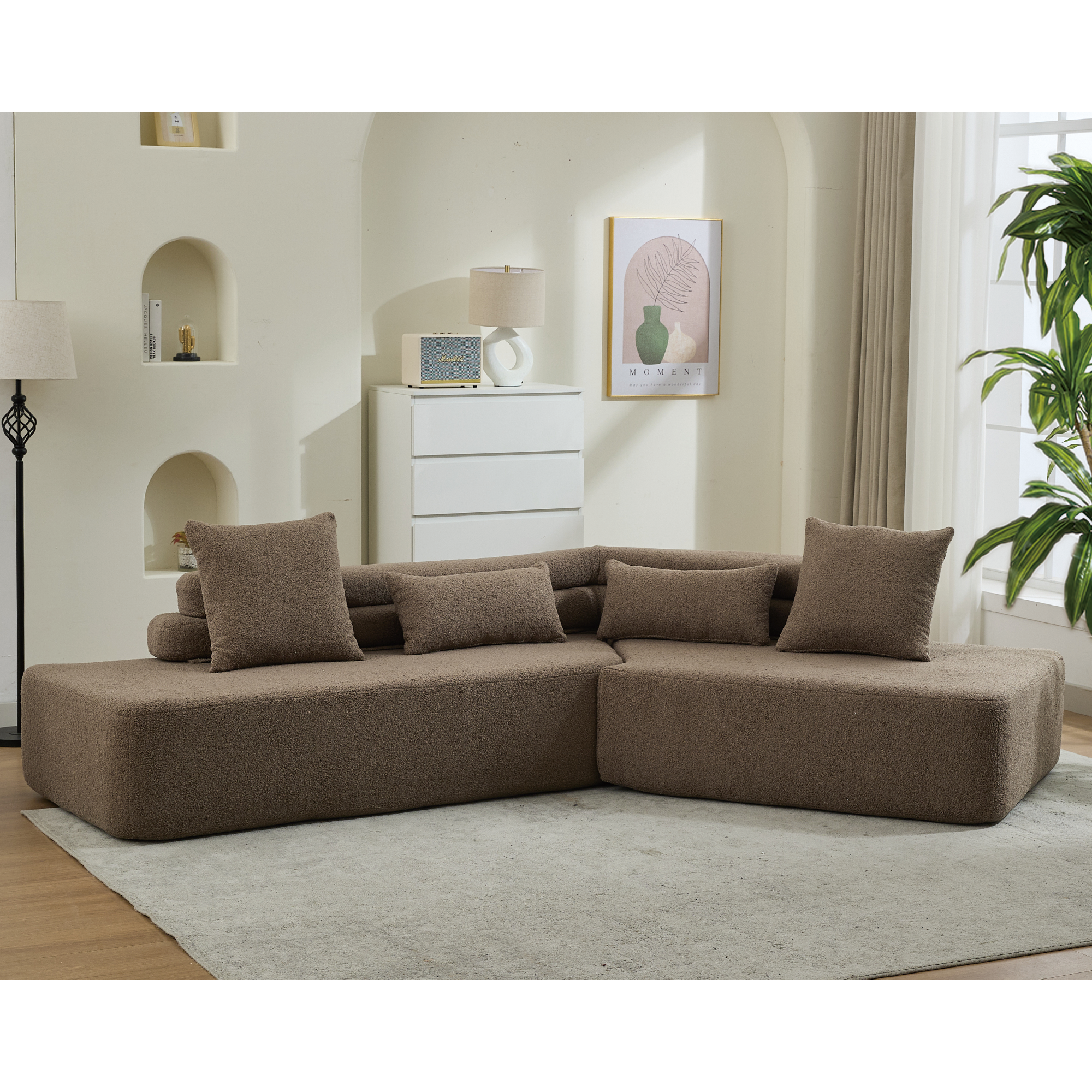 [NEW ARRIVED] [VIDEO PROVIDED] 128Minimalist Cloud Sectional Couch ,Modern Couches ,4-Seater ,No Assembly,Two modular sofa,Boucle Teddy Fabric, upholstered , anti-wrinkle fabric,Brown