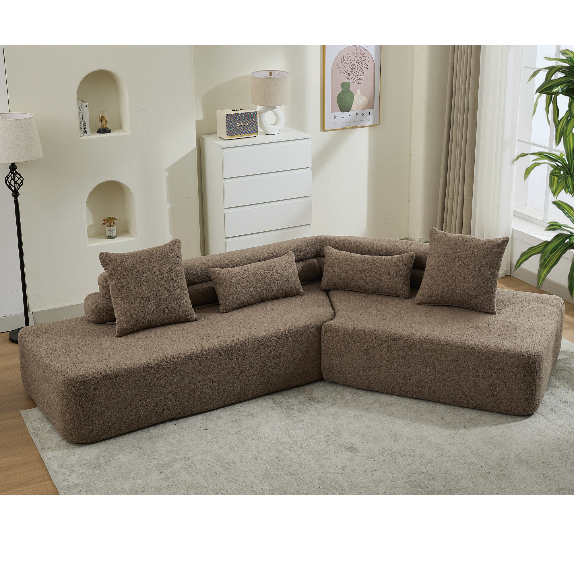 [NEW ARRIVED] [VIDEO PROVIDED] 128Minimalist Cloud Sectional Couch ,Modern Couches ,4-Seater ,No Assembly,Two modular sofa,Boucle Teddy Fabric, upholstered , anti-wrinkle fabric,Brown